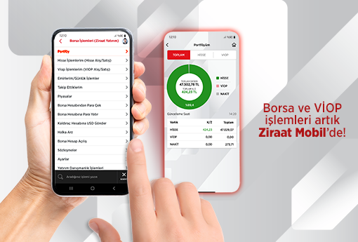 ZBorsa ve VİOP İşlemleri artık Ziraat Mobil'de" başlığıyla, bir elde tutulan akıllı telefonda borsa menüsünü ve yanında portföy dağılım grafiğini gösteren, sol tarafında "Detaylı Bilgi" butonu yer alan gri ve beyaz tasarımlı web sitesi banner görseli.