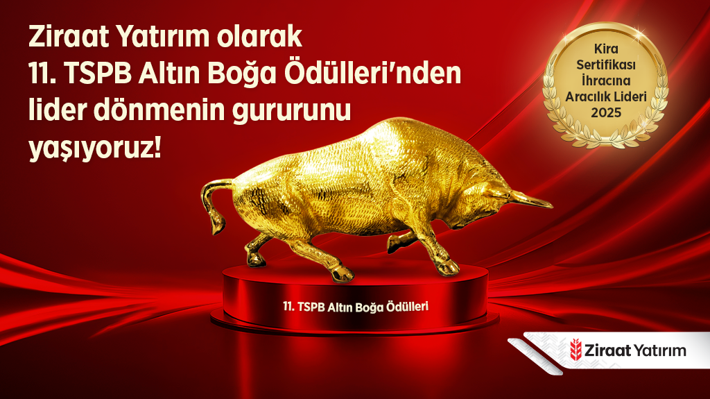 Sağ tarafında kırmızı bir kaide üzerinde altın boğa heykeli ve "Kira Sertifikası İhracına Aracılık Lideri 2025" yazılı altın madalyonun yer aldığı, sol tarafta ise "Ziraat Yatırım olarak 11. TSPB Altın Boğa Ödülleri'nden lider olarak dönmenin gururunu yaş