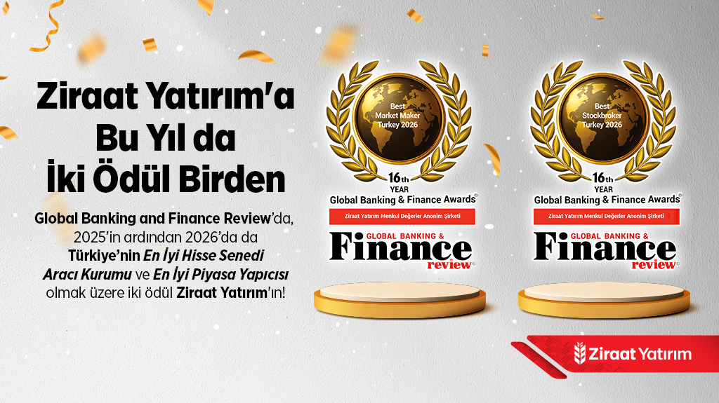 Ziraat Yatırım'a Bu yıl da iki ödül birden! başlığıyla, Global Banking and Finance Review tarafından verilen iki adet altın ödül logosunu ve detaylı başarı metnini içeren kırmızı-beyaz tasarımlı web sitesi banner görseli.