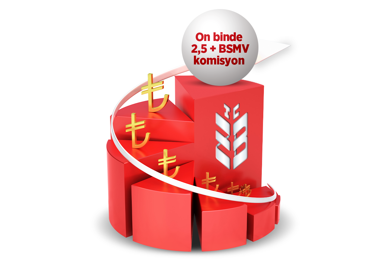 Sağ tarafında TL simgeli kırmızı basamaklı bir grafik ve "On binde 2,5 + BSMV komisyon yazılı beyaz bir kürenin yer aldığı, web sitesi banner görseli.