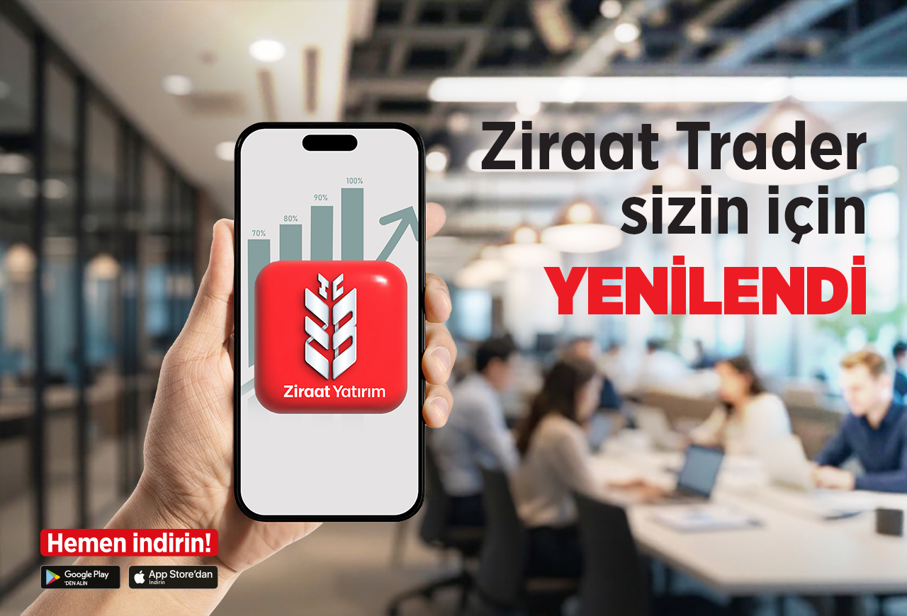 Sağ tarafında, ofis ortamında çalışan insanların önünde Ziraat Yatırım uygulaması açık bir akıllı telefonu tutan el görseli ve "Ziraat Trader sizin için YENİLENDİ" yazısı yer alan, sol tarafta ise kırmızı arka plan üzerinde "Ziraat Trader Sizin için yenil
